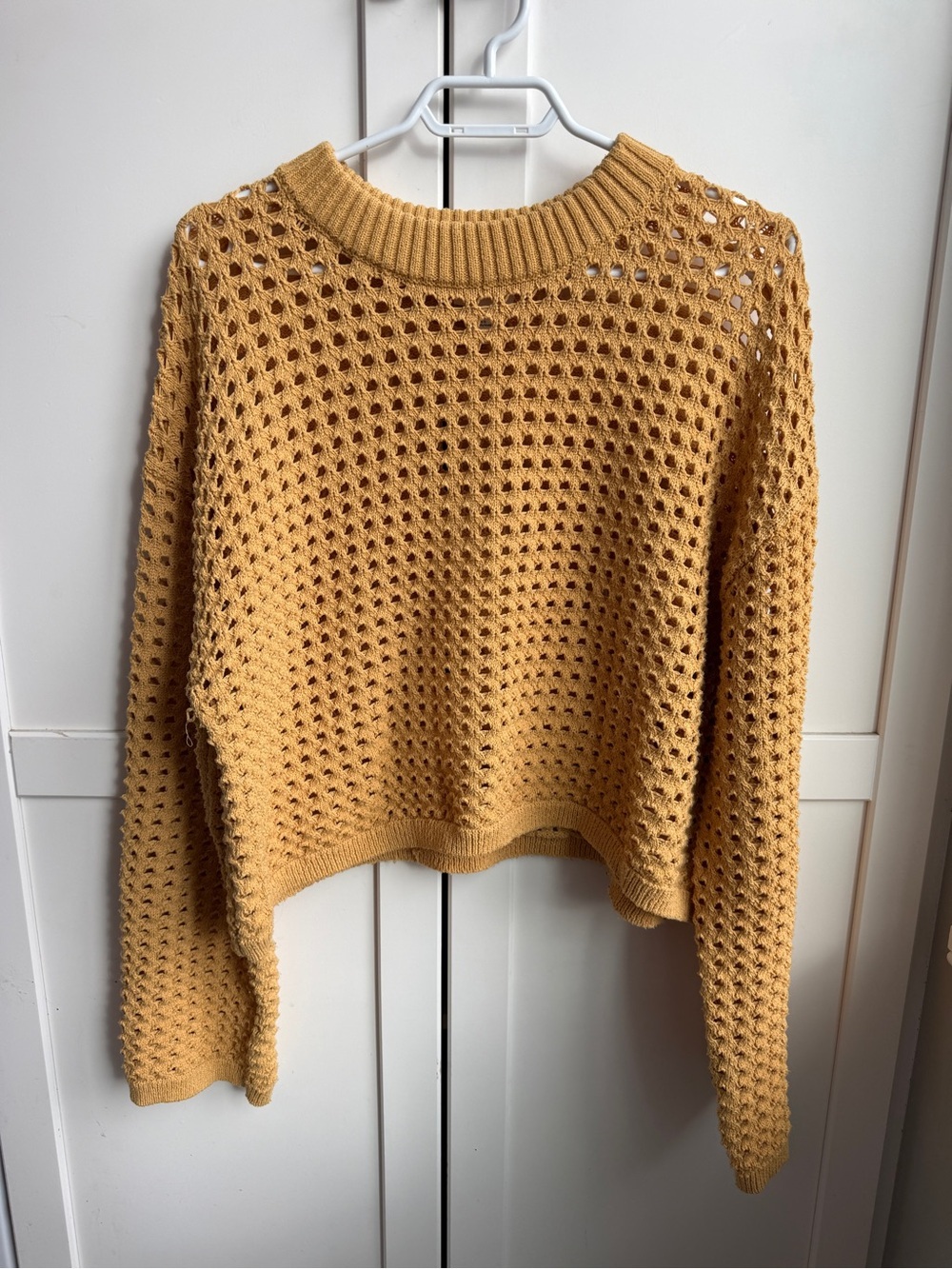 H&M Mustard Yellow Open Knit Cropped Crochet Sweater Size L Cottagecore Boho